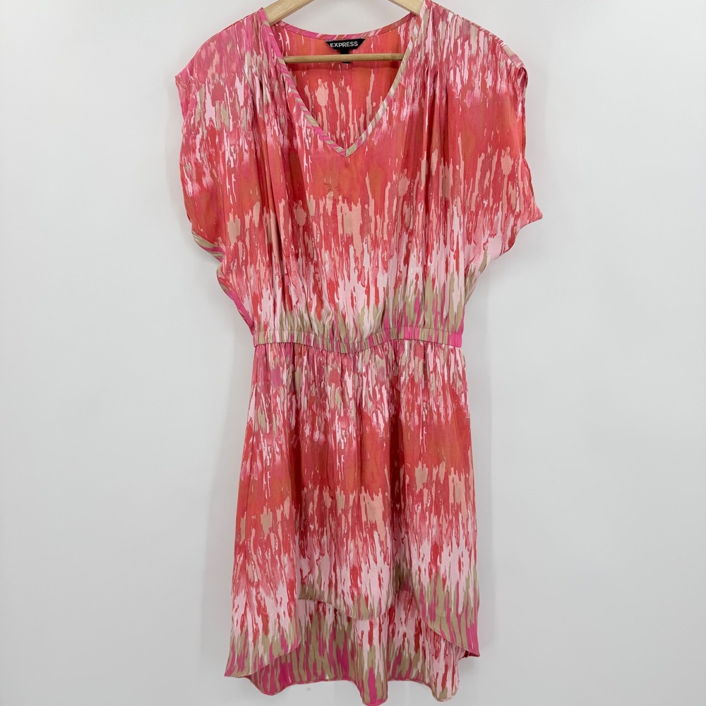 Express Pink Orange Abstract Ikat High Low Elastic Waist Dress Womens Medium